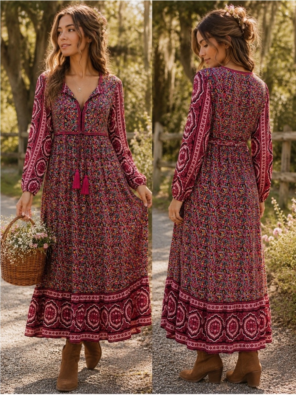 NATURAL LIFE Rosa Burgundy Floral Long Sleeve Maxi Dress